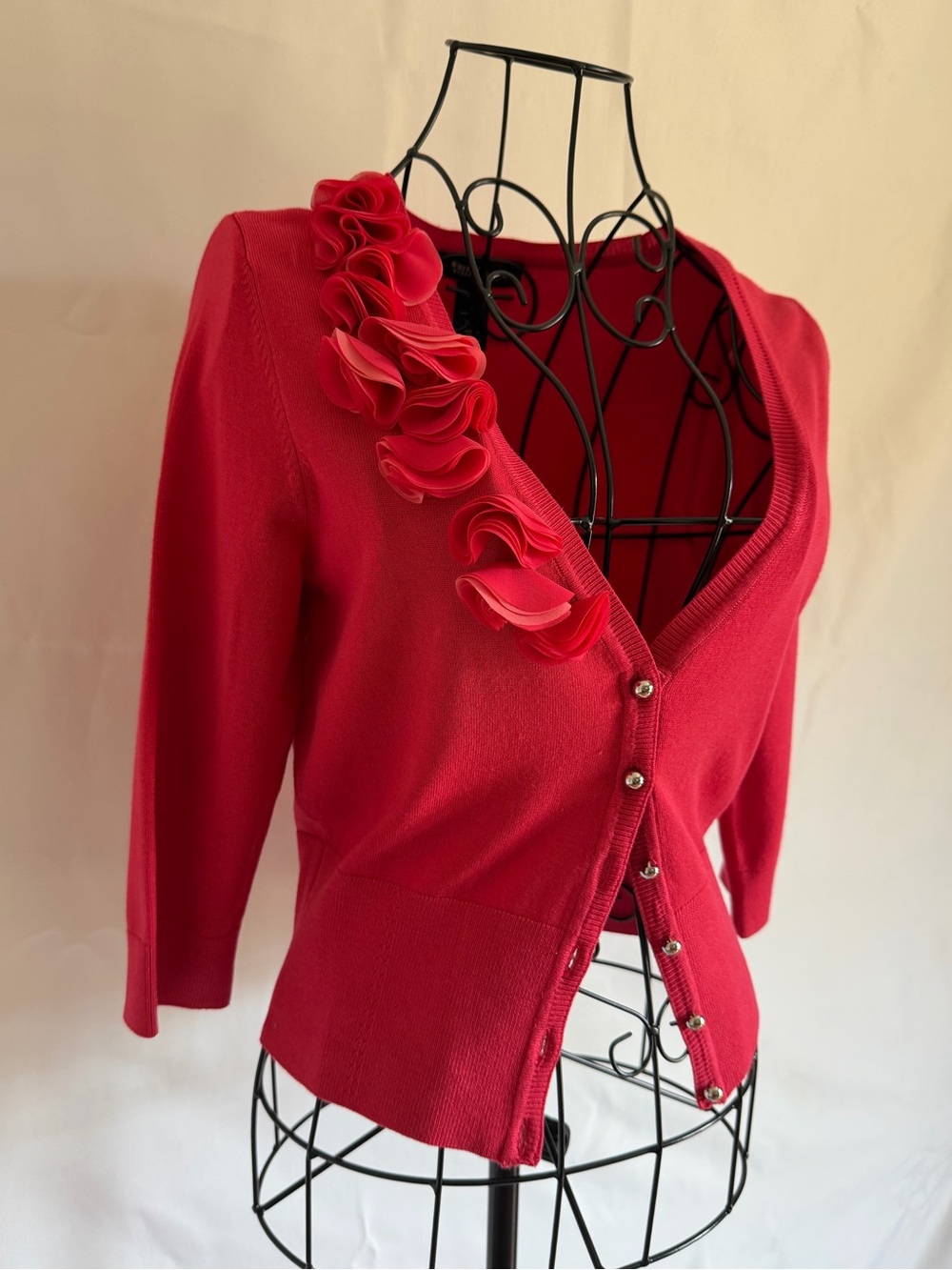 White House Black Market Pink Ruffle-Accent V-Neck Cardigan - Picture 3 of 10